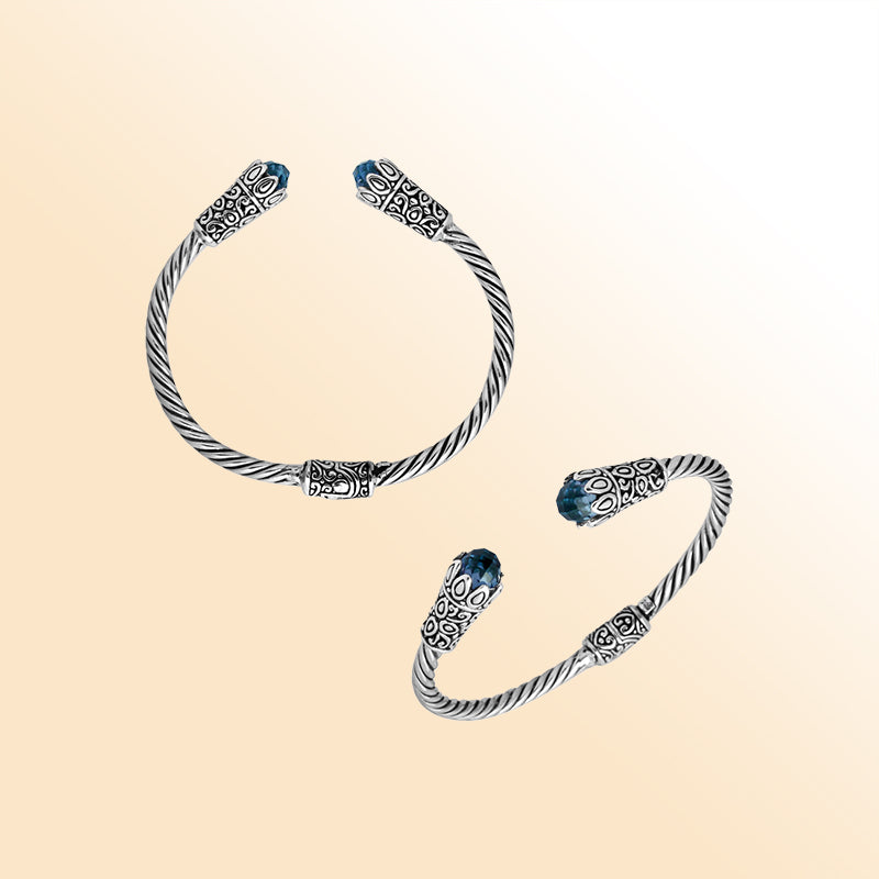 Elegant sterling silver Blue Topaz Quartz bangle, handcrafted open cuff in Bali.