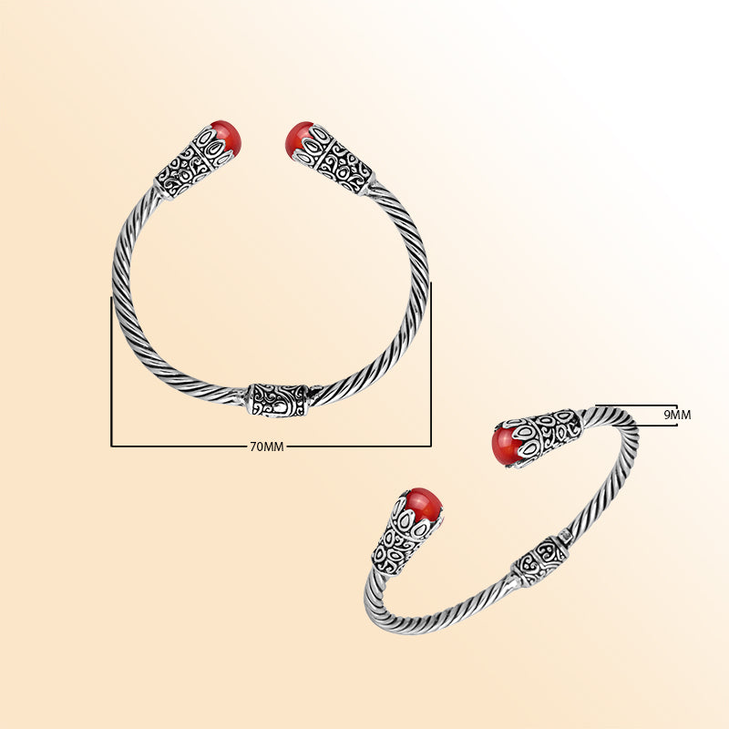 Elegant sterling silver Coral bangle, handcrafted open cuff with Balinese detailing.