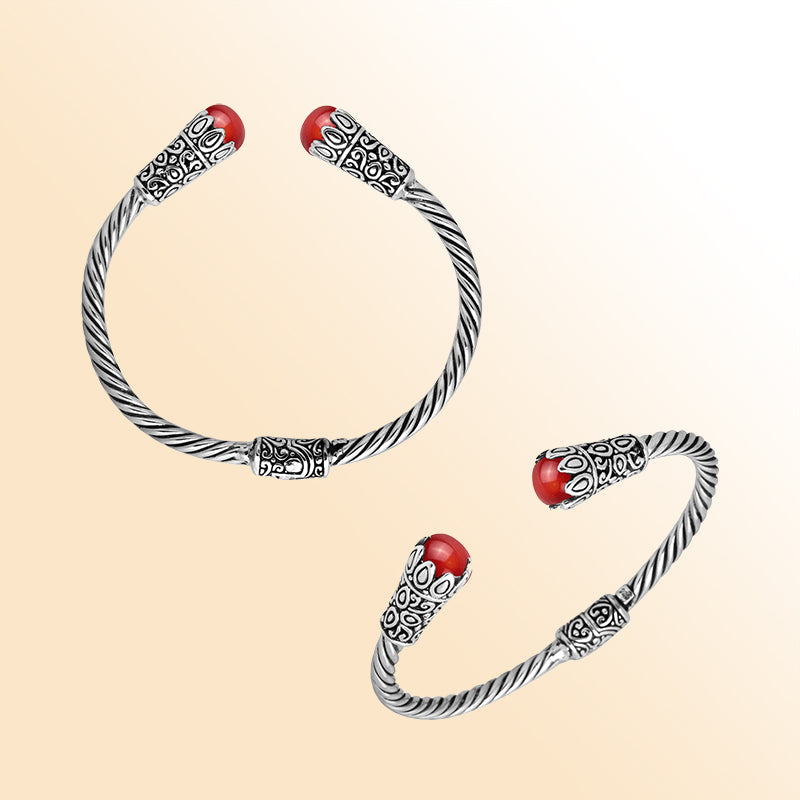 Elegant sterling silver Coral bangle, handcrafted open cuff with Balinese detailing.