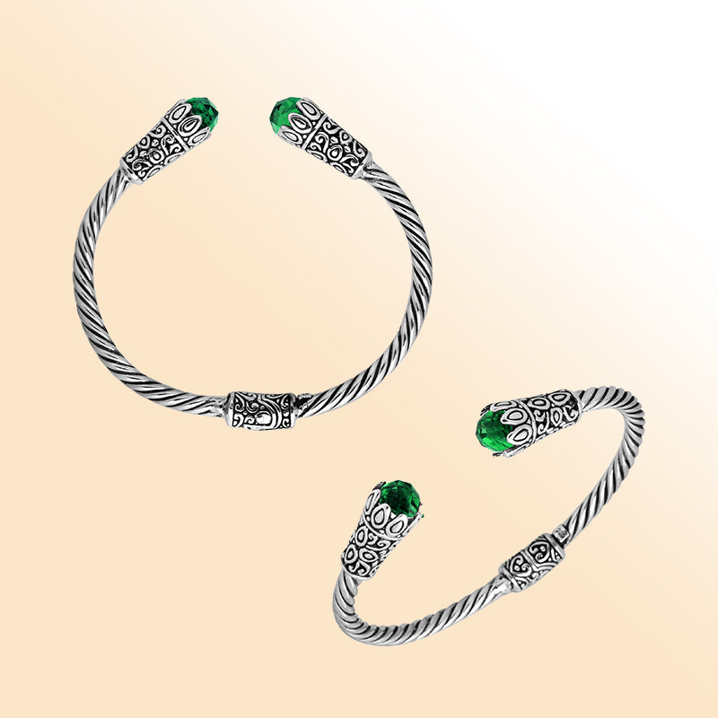 Elegant sterling silver Green Quartz bangle, handcrafted open cuff with Balinese detailing.
