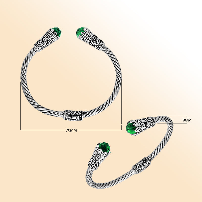 Elegant sterling silver Green Quartz bangle, handcrafted open cuff with Balinese detailing.