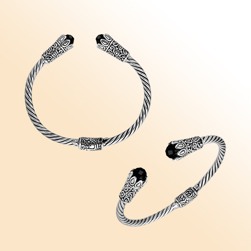 Elegant sterling silver Black Onyx bangle, handcrafted open cuff in Bali.