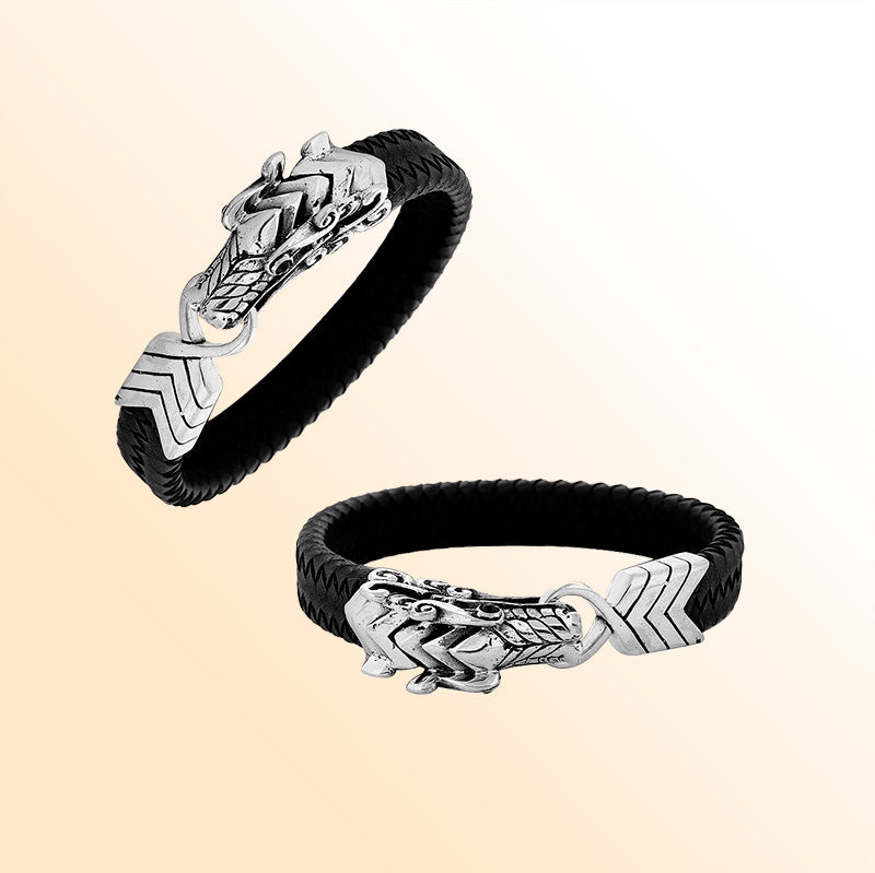 Handcrafted Black Leather bracelet with Sterling Silver dragon clasp and Garnet Quartz Eye from Bali.