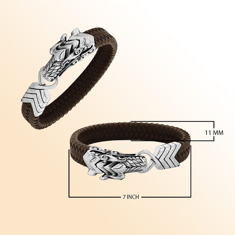 Handcrafted Brown Leather bracelet with Sterling Silver dragon clasp and Garnet Quartz Eye, made in Bali.