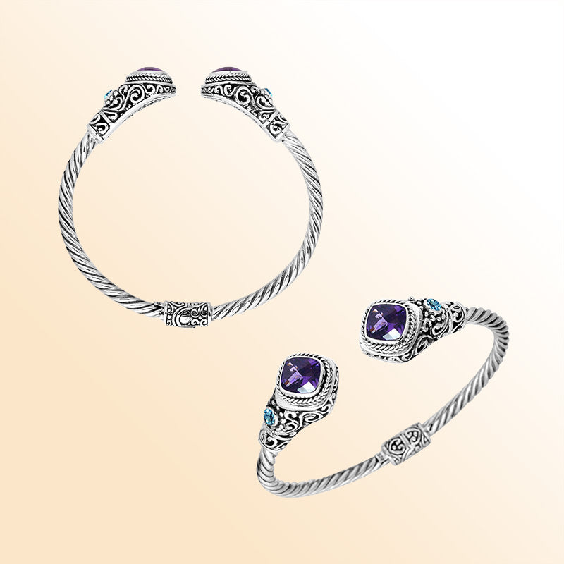 Handcrafted Sterling Silver bangle with Amethyst Quartz and Blue Topaz stones, artisan-made in Bali.