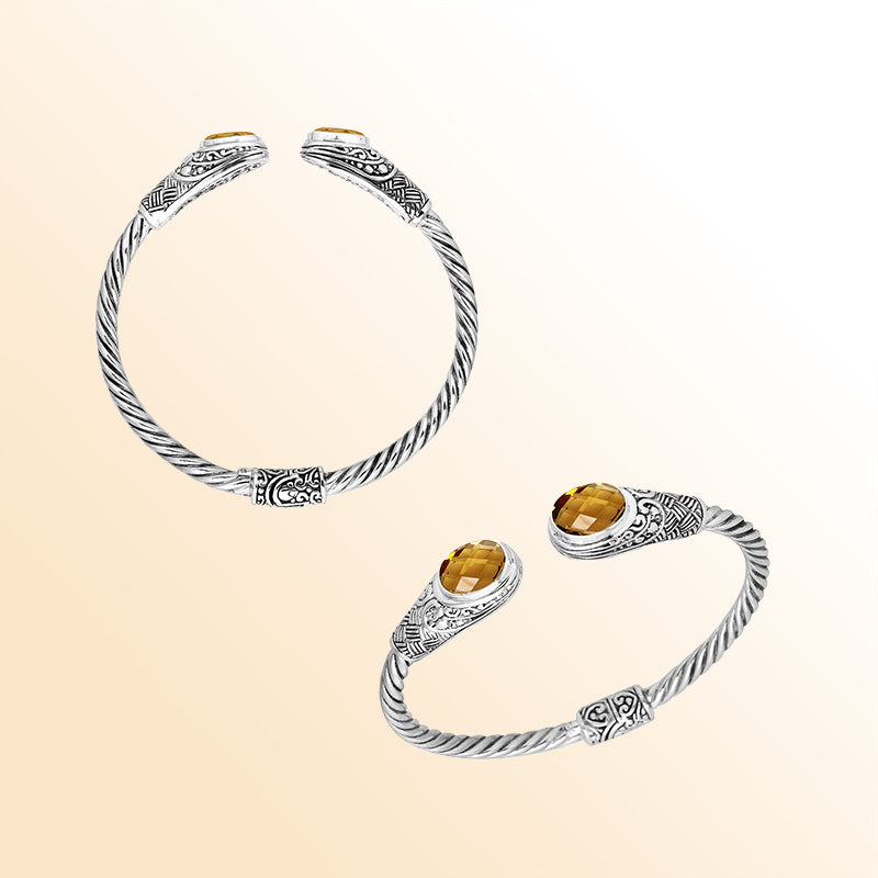 Handcrafted Citrine Quartz Bangle in 925 Sterling Silver with twisted cable and Balinese design