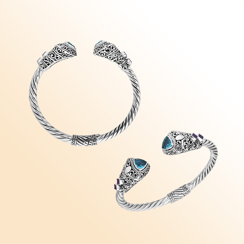 Handcrafted Blue Topaz Quartz and Amethyst Quartz Bangle in 925 Sterling Silver with twisted Balinese cable design