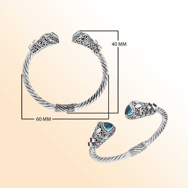 Handcrafted Blue Topaz Quartz and Amethyst Quartz Bangle in 925 Sterling Silver with twisted Balinese cable design