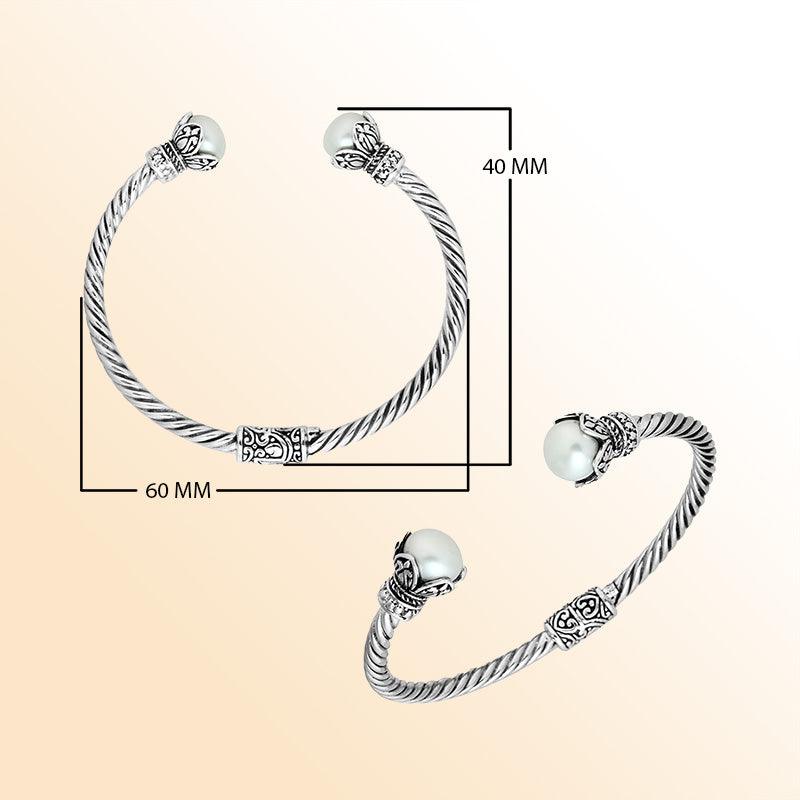 Handcrafted Pearl Bangle in 925 Sterling Silver with twisted Balinese cable design
