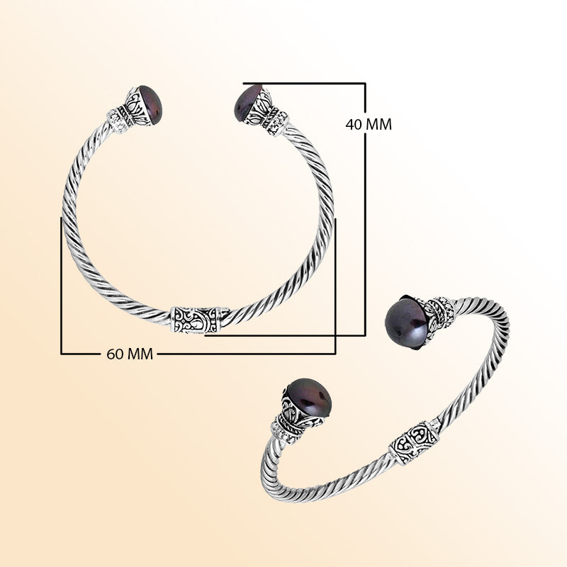 Handcrafted Gray Pearl Bangle in 925 Sterling Silver with twisted Balinese cable design