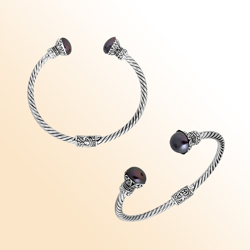 Handcrafted Gray Pearl Bangle in 925 Sterling Silver with twisted Balinese cable design