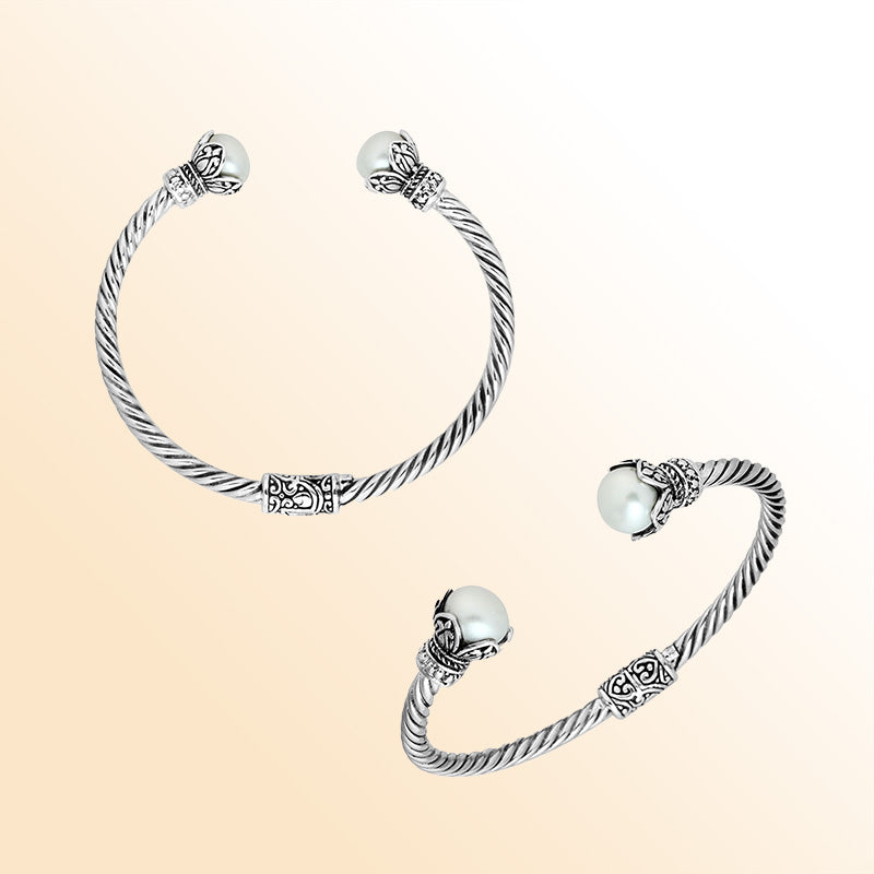 Handcrafted Pearl Bangle in 925 Sterling Silver with twisted Balinese cable design