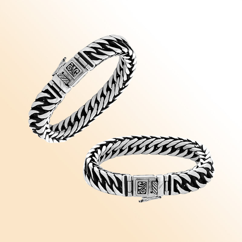 Handcrafted 925 Sterling Silver curb chain bracelet with Balinese push lock clasp design