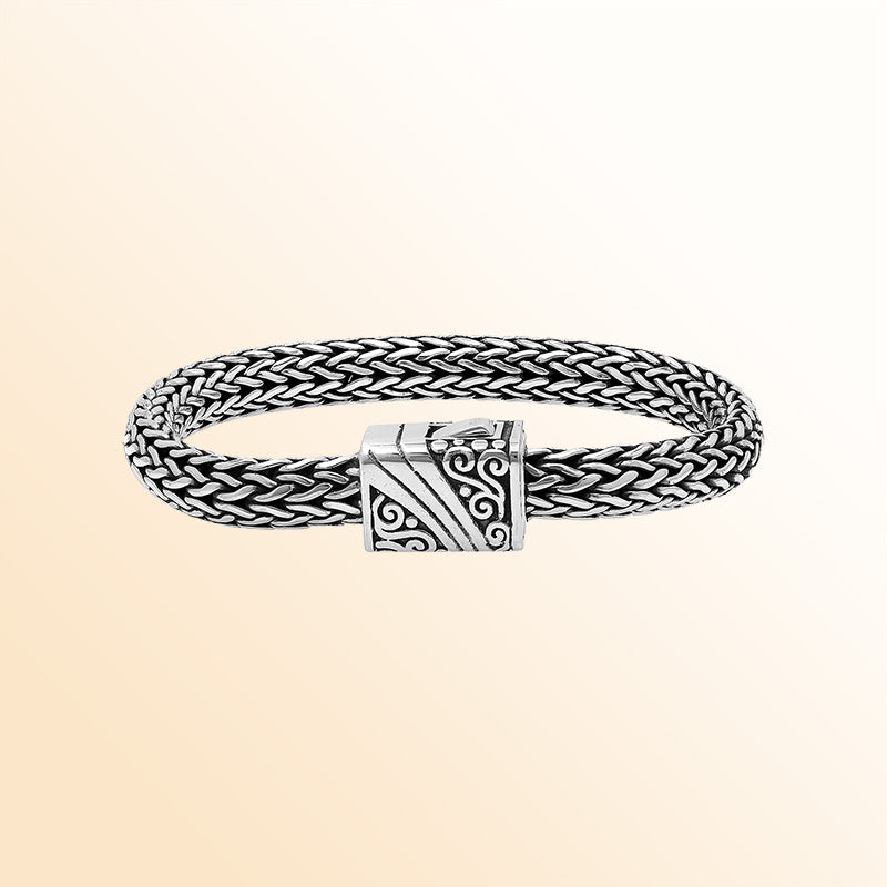 Handcrafted 925 Sterling Silver woven bracelet with Balinese clasp and artisan finish