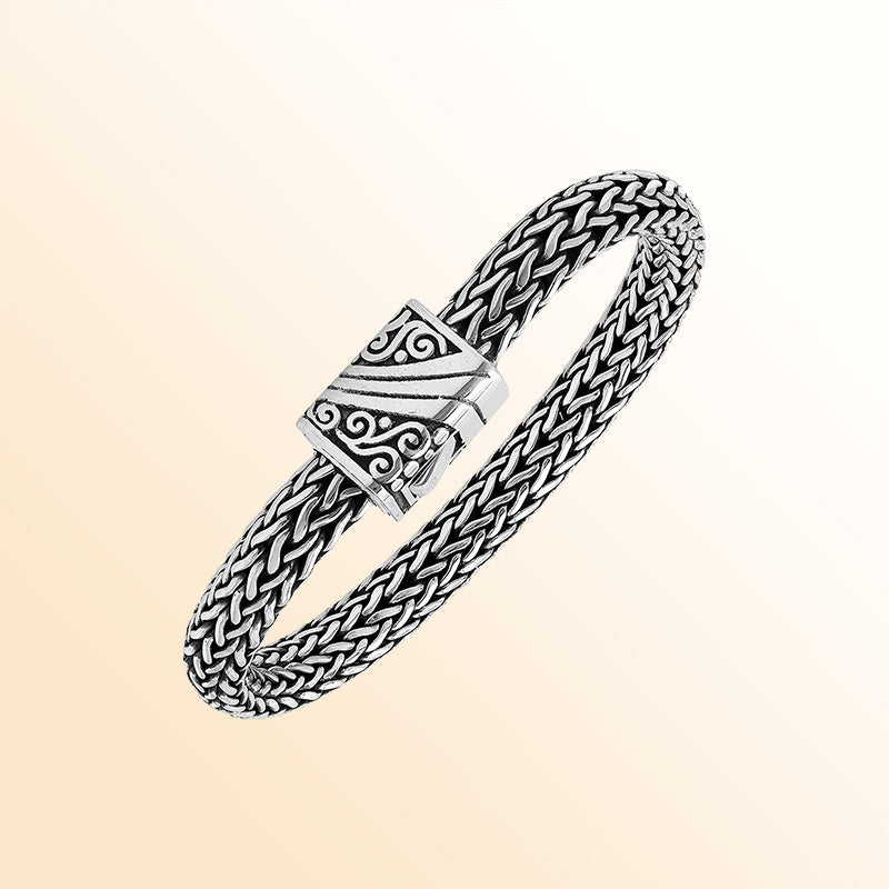 Handcrafted 925 Sterling Silver woven bracelet with Balinese clasp and artisan finish