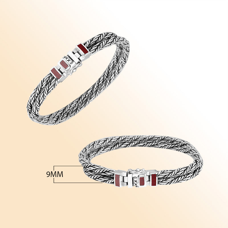 Sterling Silver 5MM Handcrafted Bali Bracelet with Red Coral and Box Clasp