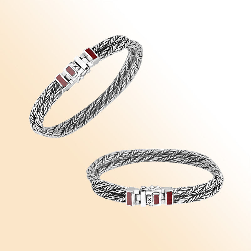 Sterling Silver 5MM Handcrafted Bali Bracelet with Red Coral and Box Clasp