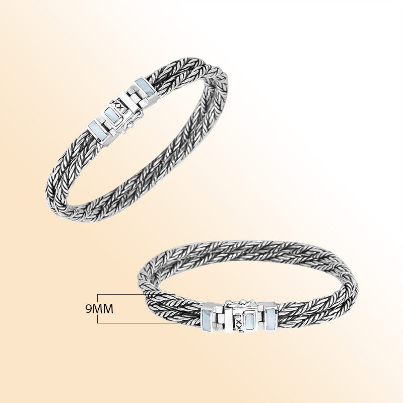 Sterling silver double-braided bracelet with Mother of Pearl inlay clasp, shown in two angles on white background.