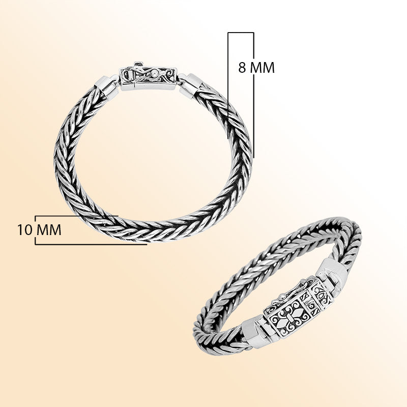 Sterling silver double-braided bracelet with ornamental engraved clasp shown in two angles on white background.