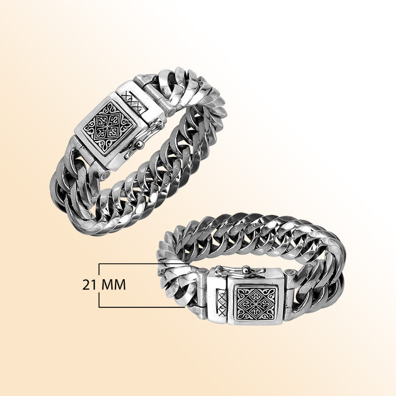 21MM wide sterling silver curb bracelet with engraved box clasp shown in two angles on white background.