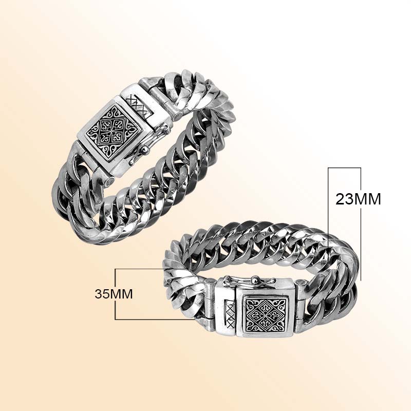 wide sterling silver curb bracelet with engraved box clasp shown in two angles on white background.