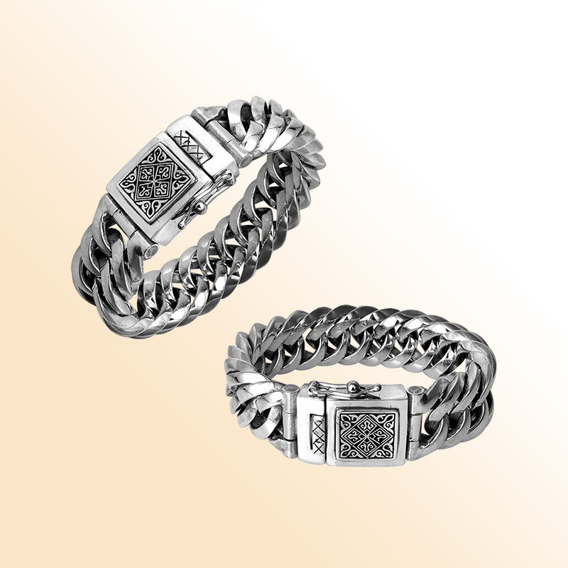 21MM wide sterling silver curb bracelet with engraved box clasp shown in two angles on white background.