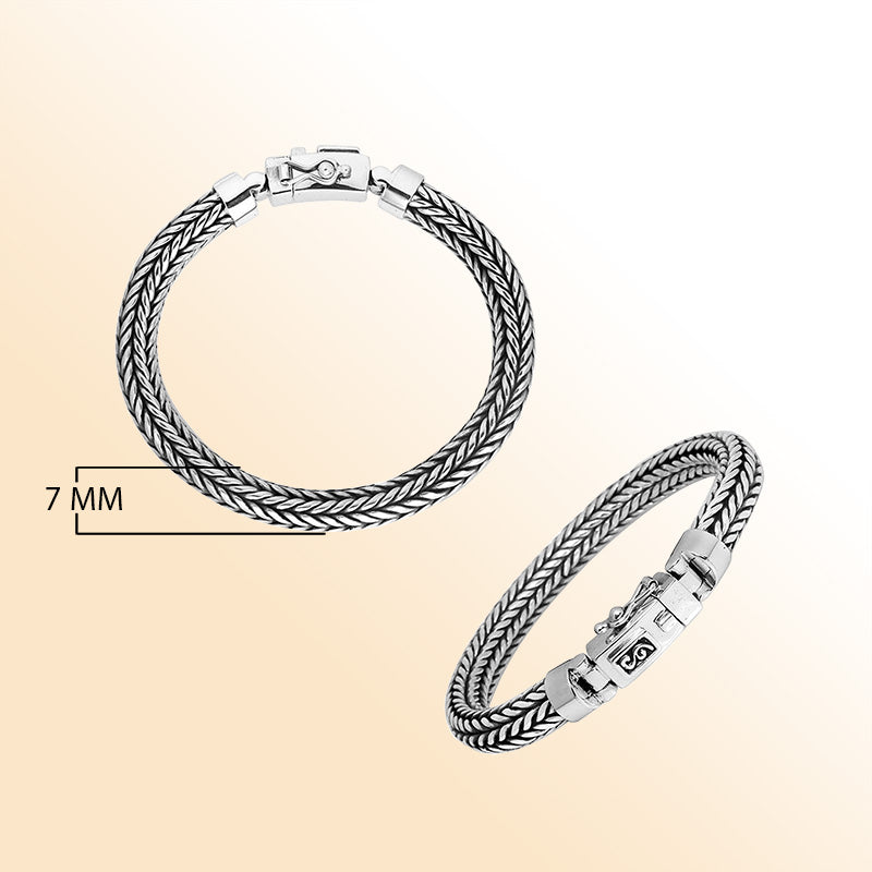 Product photo showing a 7MM 925 sterling silver woven rope bracelet from two angles with a secure latch clasp on a white background.