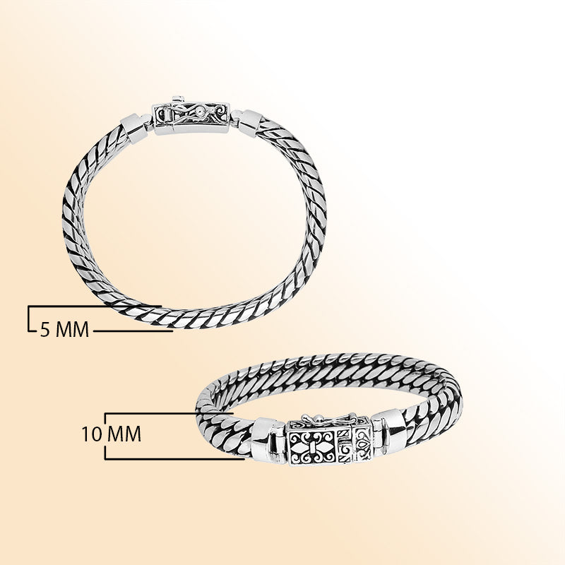 Sterling silver 10x5 mm Bali handcrafted bracelet with twisted design and oxidized finish.