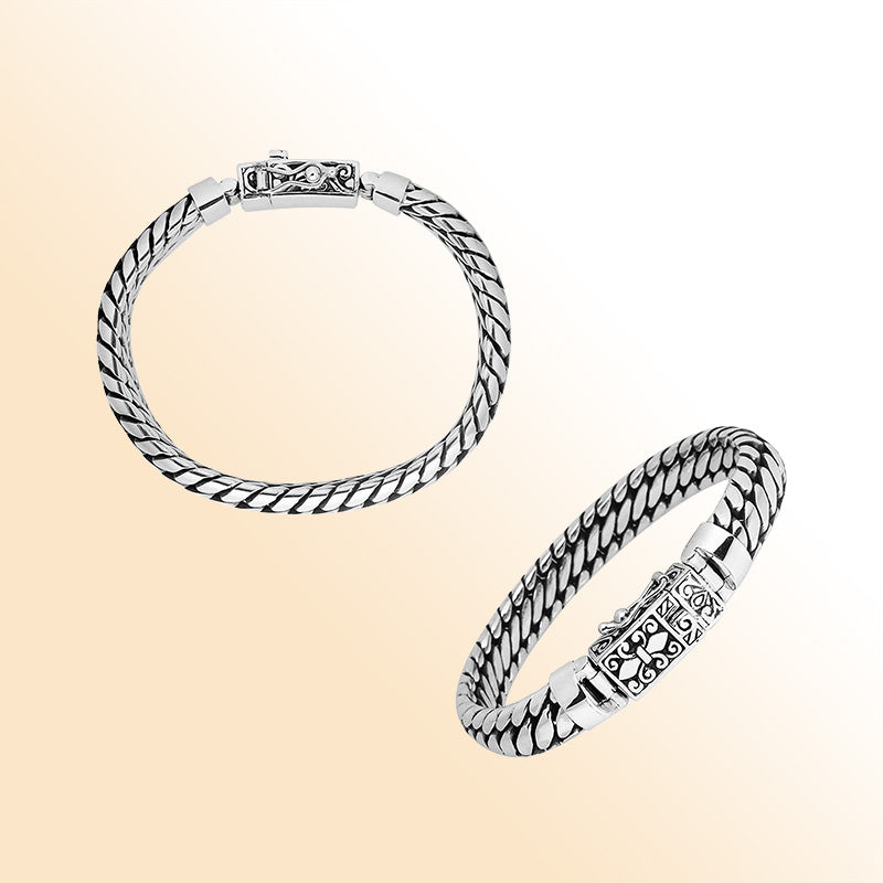 Sterling silver 10x5 mm Bali handcrafted bracelet with twisted design and oxidized finish.