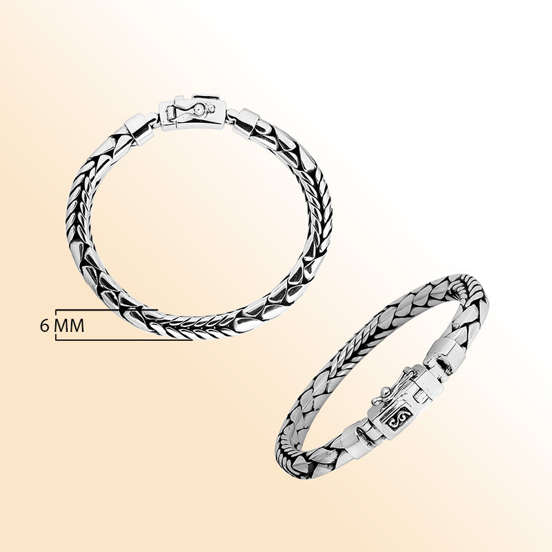 Sterling silver 6 mm handcrafted Bali chain bracelet with oxidized polish for men and women.