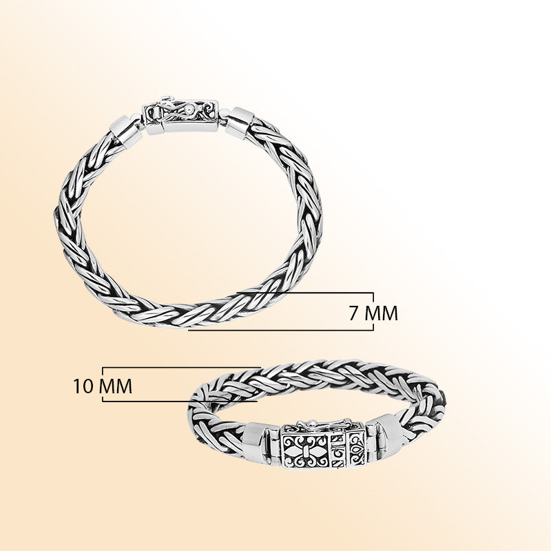 Sterling silver 7x10 mm handcrafted woven Bali bracelet with oxidized highlights and secure clasp.