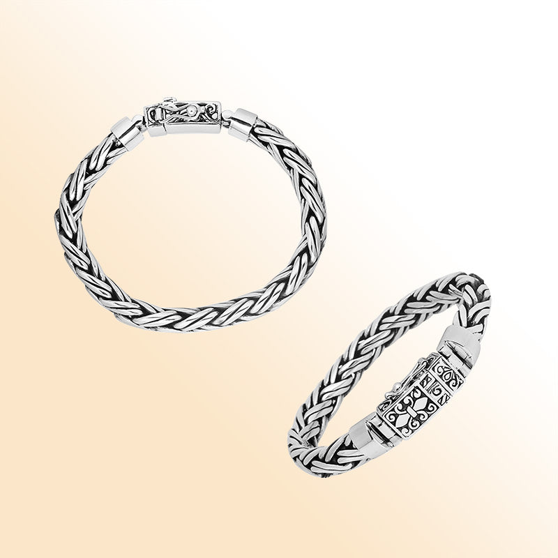 Sterling silver 7x10 mm handcrafted woven Bali bracelet with oxidized highlights and secure clasp.