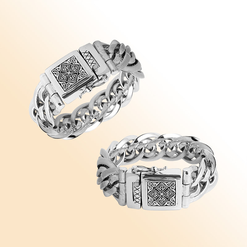 Sterling silver 23 mm handcrafted heavy curb link Bali bracelet with engraved clasp and polished finish.