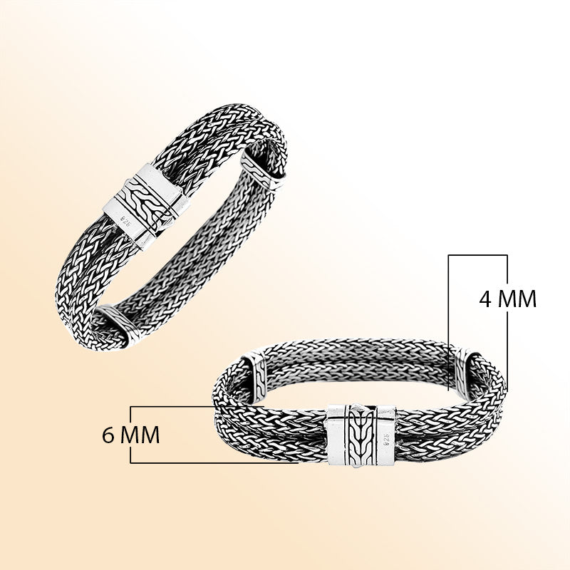 Sterling silver 4x6 mm handcrafted woven mesh Bali bracelet with oxidized detailing and secure clasp.
