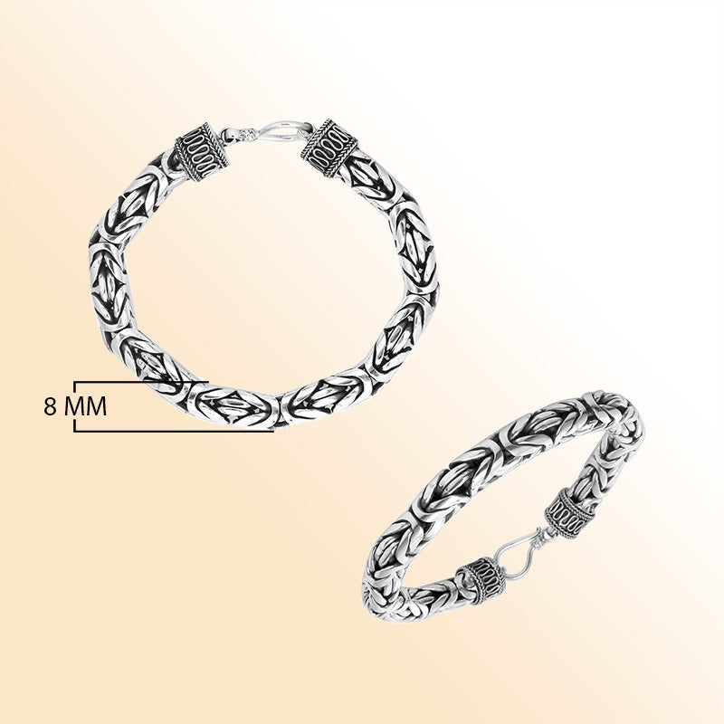 Sterling silver 8 mm handcrafted Bali Byzantine bracelet with oxidized polish and secure hook clasp.