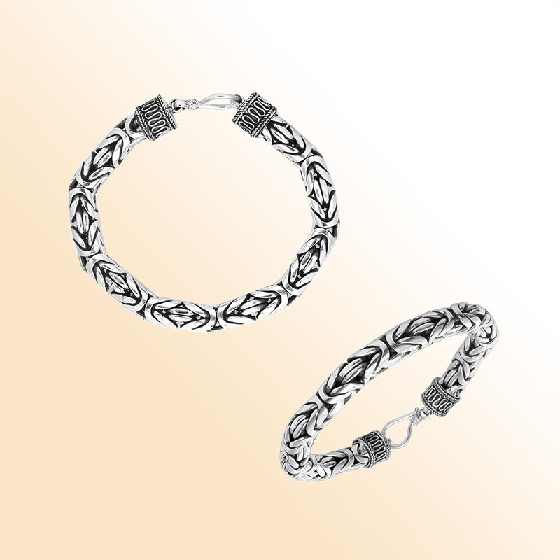 Sterling silver 8 mm handcrafted Bali Byzantine bracelet with oxidized polish and secure hook clasp.