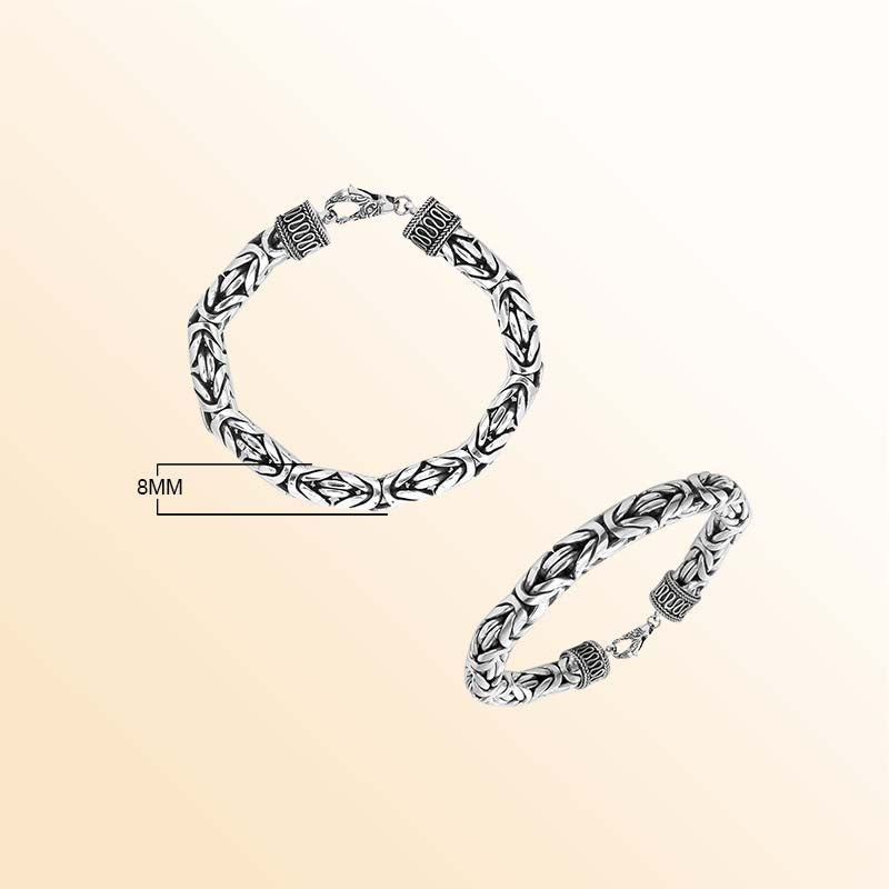Sterling silver 8 mm handcrafted Bali Byzantine bracelet with oxidized polish and secure hook clasp.