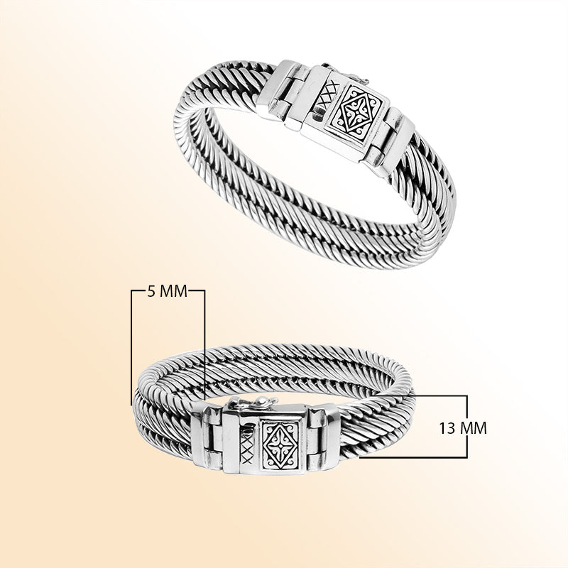 Sterling silver 4x13 mm handcrafted twisted rope Bali bracelet with oxidized polish and engraved clasp.