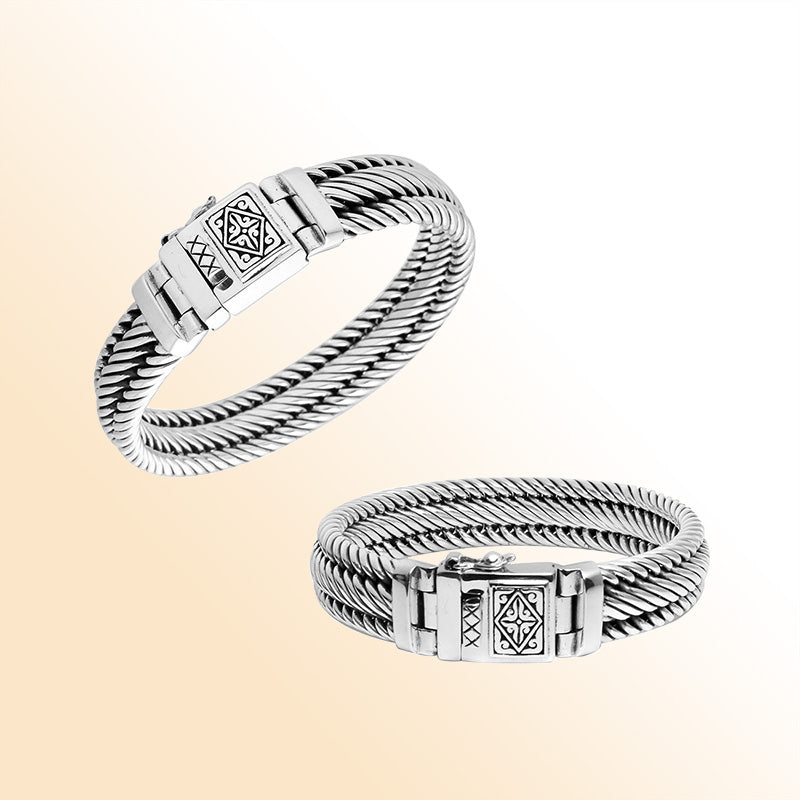 Sterling silver 4x13 mm handcrafted twisted rope Bali bracelet with oxidized polish and engraved clasp.