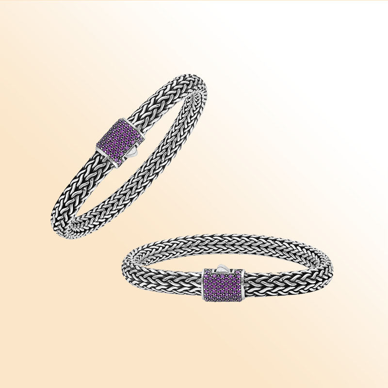 Sterling silver handcrafted Bali bracelet with Amethyst Quartz stone and oxidized finish.