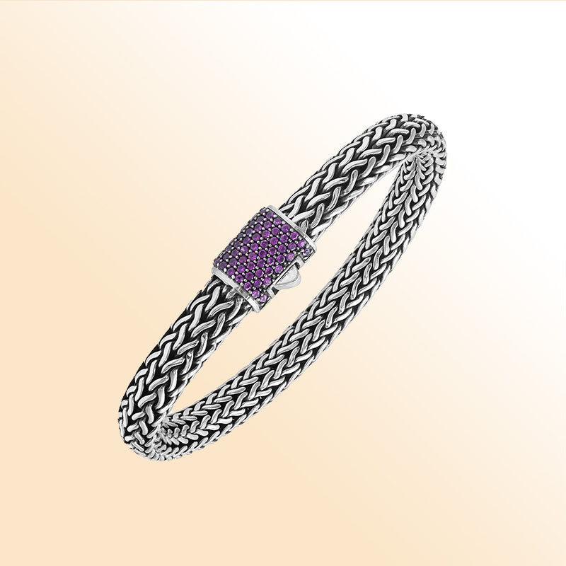 Sterling silver handcrafted Bali bracelet with Amethyst Quartz stone and oxidized finish.