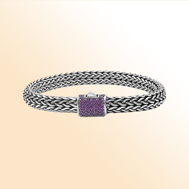 Sterling silver handcrafted Bali bracelet with Amethyst Quartz stone and oxidized finish.