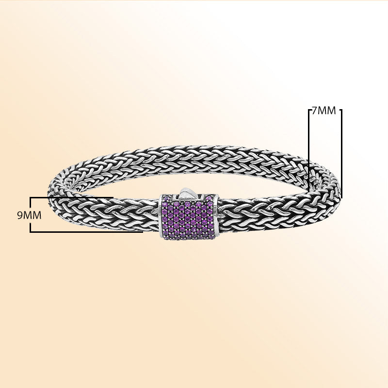 Sterling silver handcrafted Bali bracelet with Amethyst Quartz stone and oxidized finish.