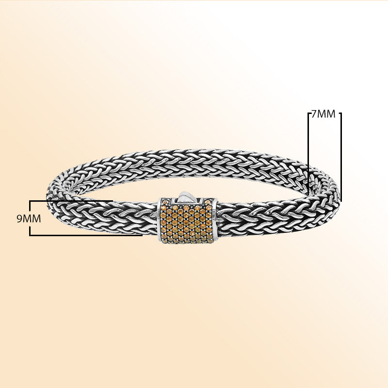 Sterling silver handcrafted Bali bracelet with Citrine Quartz stone clasp and oxidized detailing.