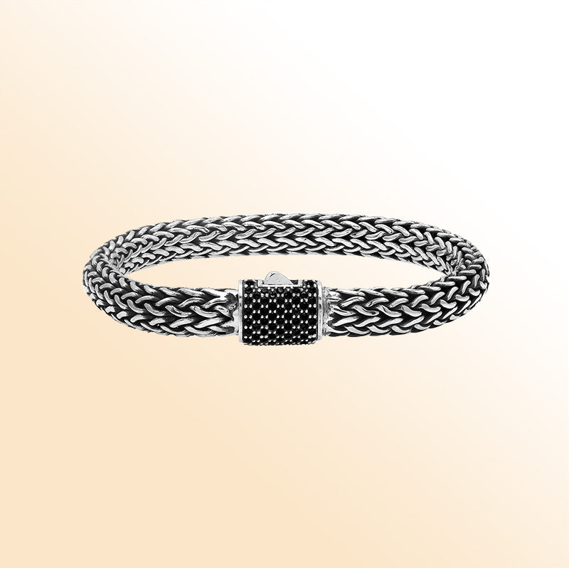 Sterling Silver Bali Bracelet With  Black Cubic Zirconia clasp Unisex Handcrafted Jewelry