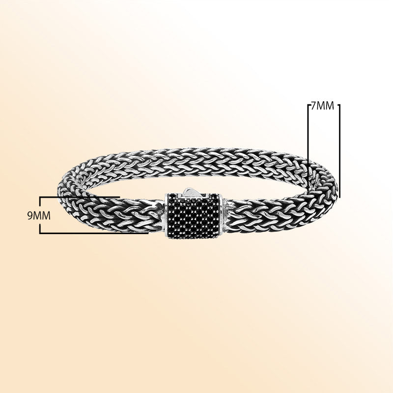 Sterling Silver Bali Bracelet With  Black Cubic Zirconia clasp Unisex Handcrafted Jewelry