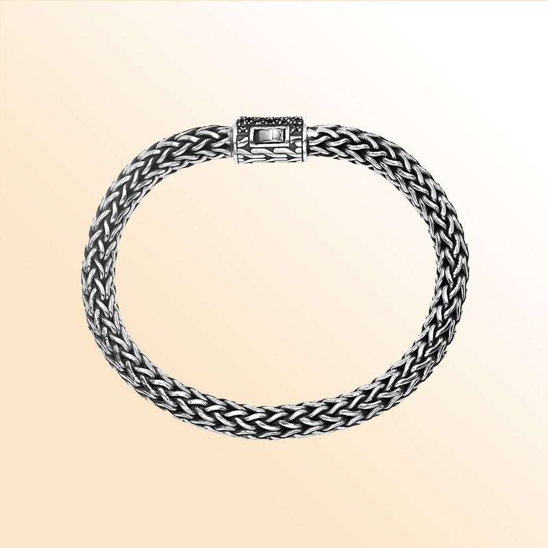 Sterling Silver Bali Bracelet With  Black Cubic Zirconia clasp Unisex Handcrafted Jewelry