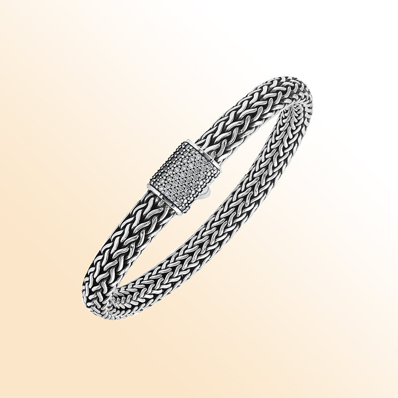 Sterling Silver Bali Bracelet With White Cubic Zirconia | Unisex Handcrafted Jewelry