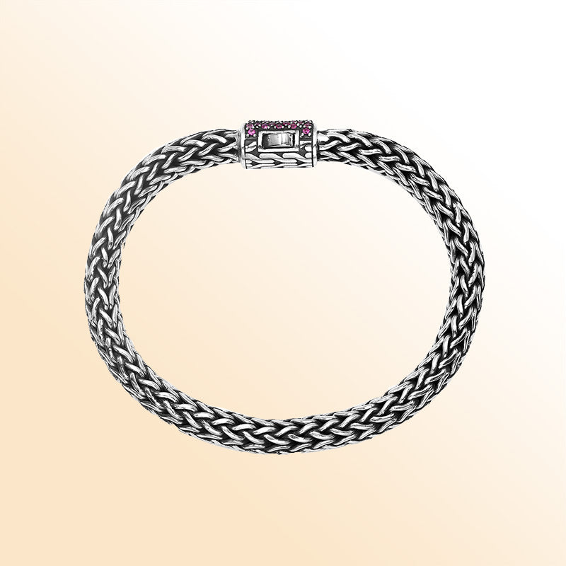 Sterling Silver Bali Bracelet With Ruby Quartz | Unisex Handcrafted Jewelry