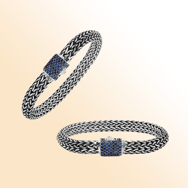 Sterling silver handcrafted Bali bracelet with Sapphire Quartz clasp and oxidized detailing.